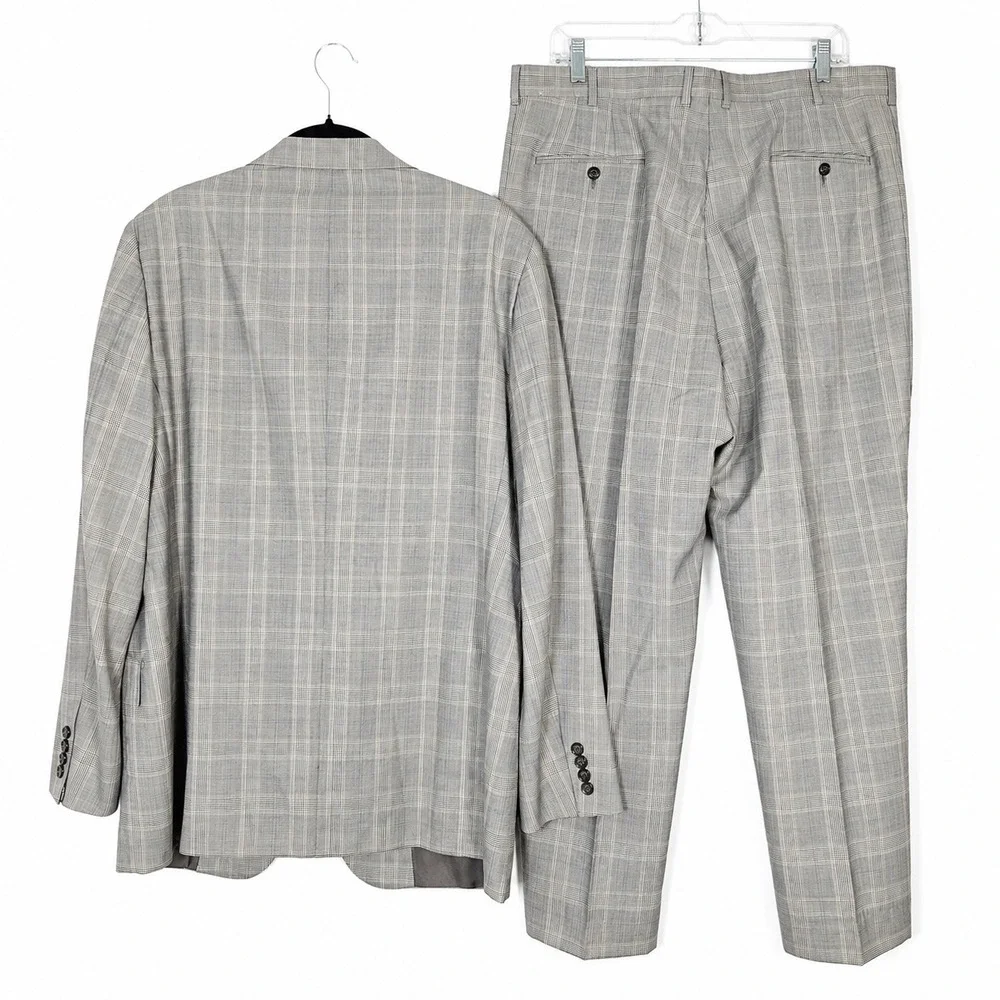 Hickey Freeman Suit Set Mens 46L 36x30 Grey Glen Plaid Wool Business Formal USA